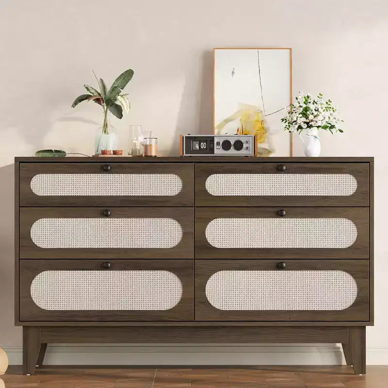 6 Rattan Drawer Dresser, with USB Ports and Outlets, 6 Chests of Drawers Storage