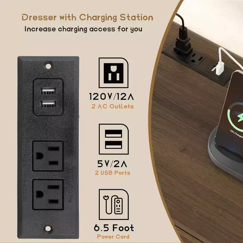 6 Rattan Drawer Dresser, with USB Ports and Outlets, 6 Chests of Drawers Storage