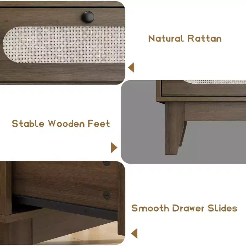 6 Rattan Drawer Dresser, with USB Ports and Outlets, 6 Chests of Drawers Storage