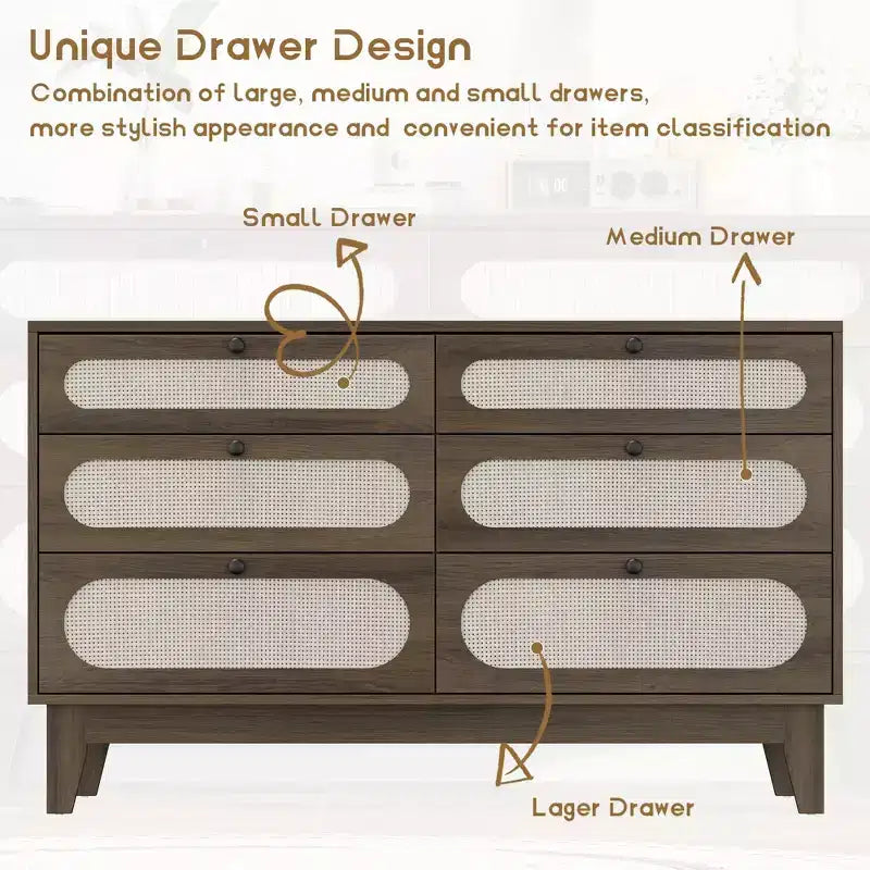 6 Rattan Drawer Dresser, with USB Ports and Outlets, 6 Chests of Drawers Storage