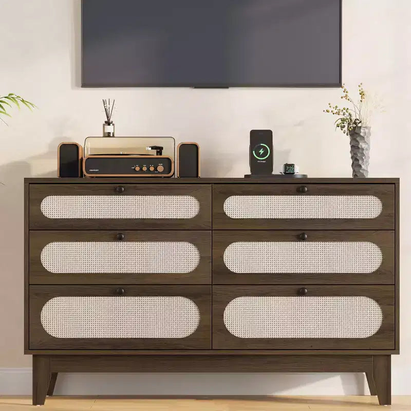 6 Rattan Drawer Dresser, with USB Ports and Outlets, 6 Chests of Drawers Storage