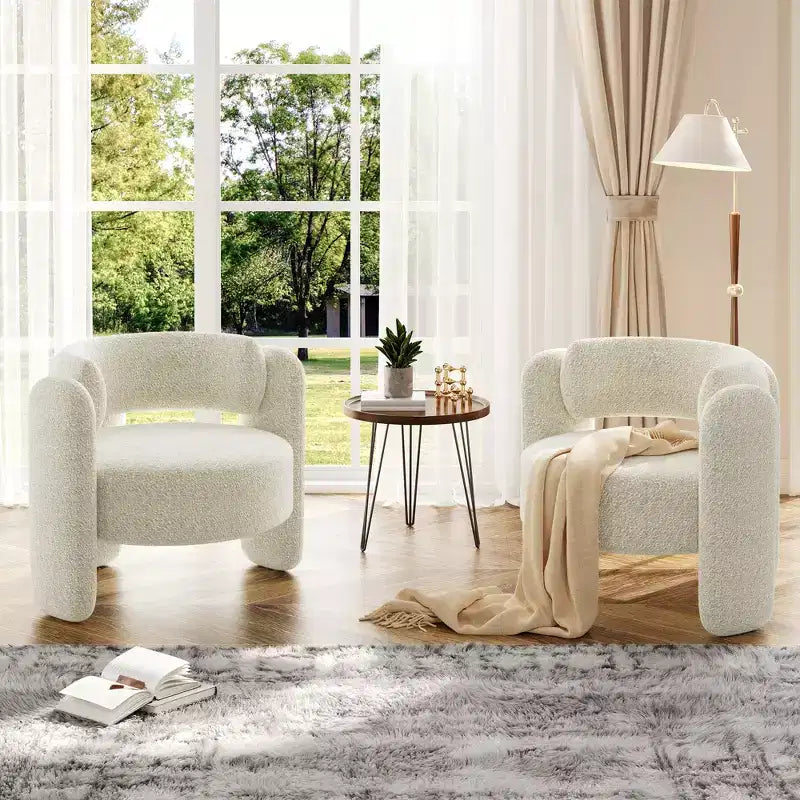 Modern Chenille Accent Chair - Mid-Century Upholstered, Cozy Round Armrest, Open Back, Round Corner Side Sitting Lounge, for Bedroom Office Cafe