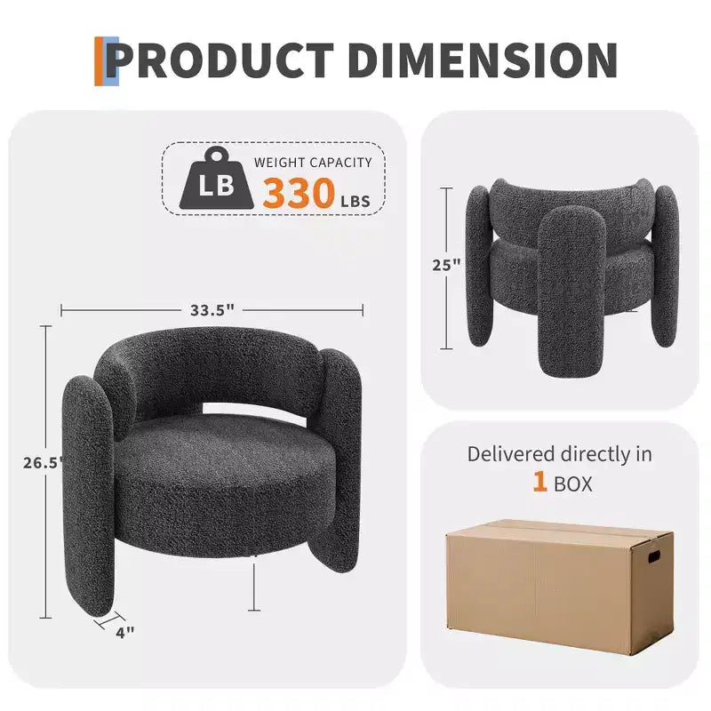 Modern Chenille Accent Chair - Mid-Century Upholstered, Cozy Round Armrest, Open Back, Round Corner Side Sitting Lounge, for Bedroom Office Cafe