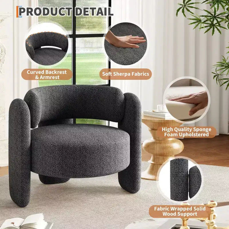 Modern Chenille Accent Chair - Mid-Century Upholstered, Cozy Round Armrest, Open Back, Round Corner Side Sitting Lounge, for Bedroom Office Cafe