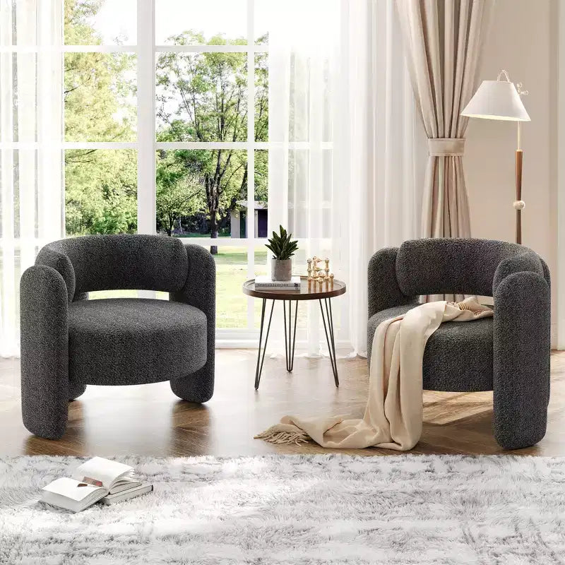 Modern Chenille Accent Chair - Mid-Century Upholstered, Cozy Round Armrest, Open Back, Round Corner Side Sitting Lounge, for Bedroom Office Cafe