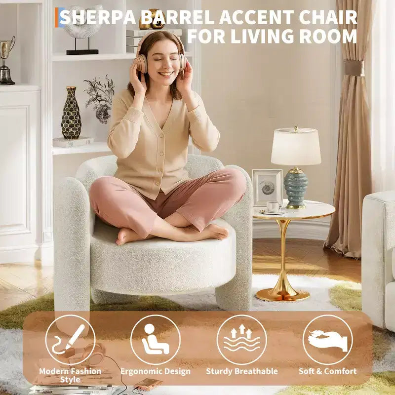 Modern Chenille Accent Chair - Mid-Century Upholstered, Cozy Round Armrest, Open Back, Round Corner Side Sitting Lounge, for Bedroom Office Cafe