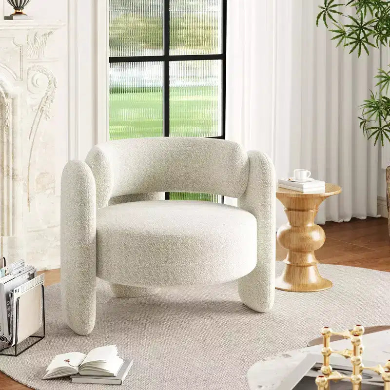 Modern Chenille Accent Chair - Mid-Century Upholstered, Cozy Round Armrest, Open Back, Round Corner Side Sitting Lounge, for Bedroom Office Cafe