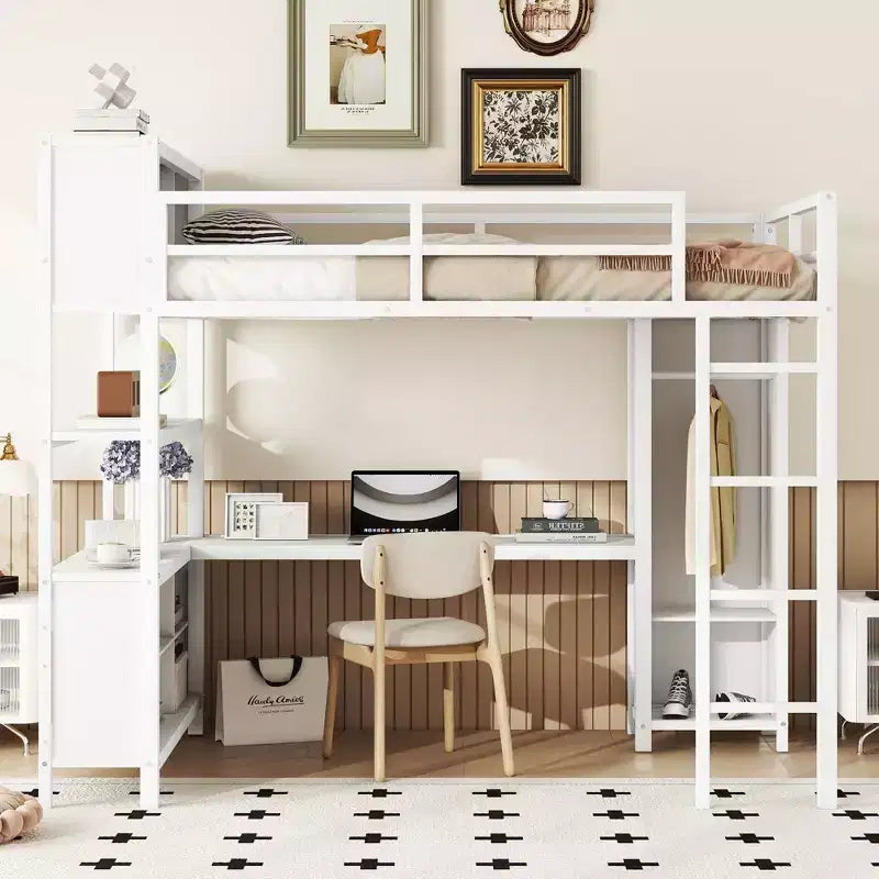 Full Size Loft Bed with Wardrobe & L-Shaped Desk,Heavy Duty Metal Bunk Beds with Storage Shelves,Modern Loft Beds for Teens & Adults