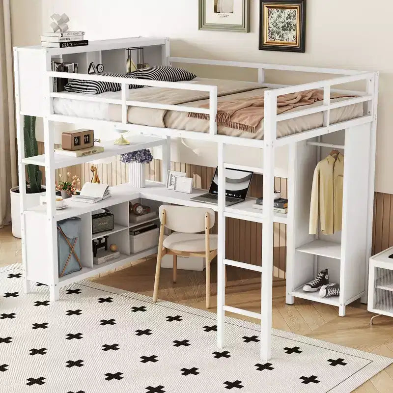 Full Size Loft Bed with Wardrobe & L-Shaped Desk,Heavy Duty Metal Bunk Beds with Storage Shelves,Modern Loft Beds for Teens & Adults