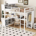Full Size Loft Bed with Wardrobe & L-Shaped Desk,Heavy Duty Metal Bunk Beds with Storage Shelves,Modern Loft Beds for Teens & Adults