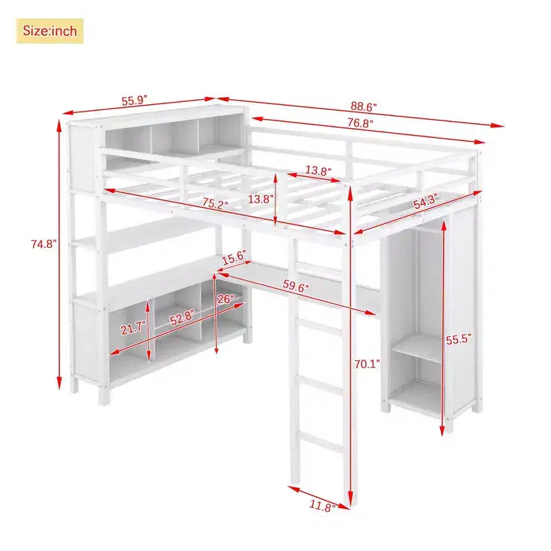 Full Size Loft Bed with Wardrobe & L-Shaped Desk,Heavy Duty Metal Bunk Beds with Storage Shelves,Modern Loft Beds for Teens & Adults