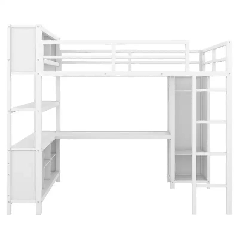 Full Size Loft Bed with Wardrobe & L-Shaped Desk,Heavy Duty Metal Bunk Beds with Storage Shelves,Modern Loft Beds for Teens & Adults