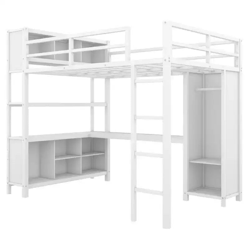 Full Size Loft Bed with Wardrobe & L-Shaped Desk,Heavy Duty Metal Bunk Beds with Storage Shelves,Modern Loft Beds for Teens & Adults