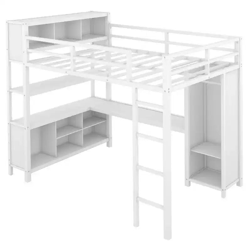 Full Size Loft Bed with Wardrobe & L-Shaped Desk,Heavy Duty Metal Bunk Beds with Storage Shelves,Modern Loft Beds for Teens & Adults