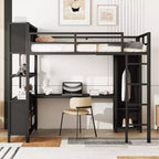 Full Size Loft Bed with Wardrobe & L-Shaped Desk,Heavy Duty Metal Bunk Beds with Storage Shelves,Modern Loft Beds for Teens & Adults