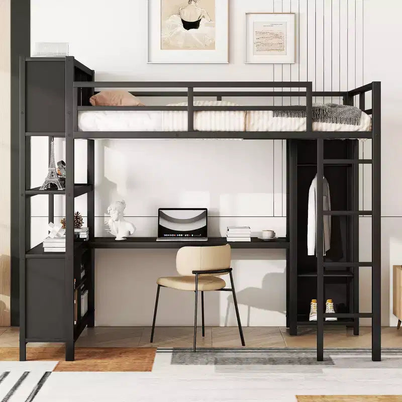 Full Size Loft Bed with Wardrobe & L-Shaped Desk,Heavy Duty Metal Bunk Beds with Storage Shelves,Modern Loft Beds for Teens & Adults