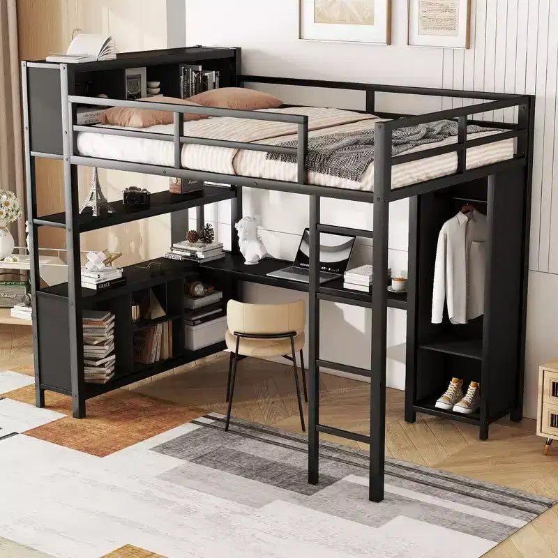 Full Size Loft Bed with Wardrobe & L-Shaped Desk,Heavy Duty Metal Bunk Beds with Storage Shelves,Modern Loft Beds for Teens & Adults