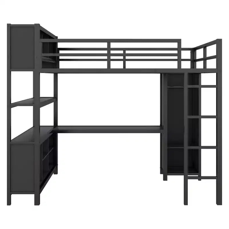 Full Size Loft Bed with Wardrobe & L-Shaped Desk,Heavy Duty Metal Bunk Beds with Storage Shelves,Modern Loft Beds for Teens & Adults