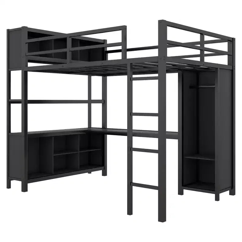 Full Size Loft Bed with Wardrobe & L-Shaped Desk,Heavy Duty Metal Bunk Beds with Storage Shelves,Modern Loft Beds for Teens & Adults
