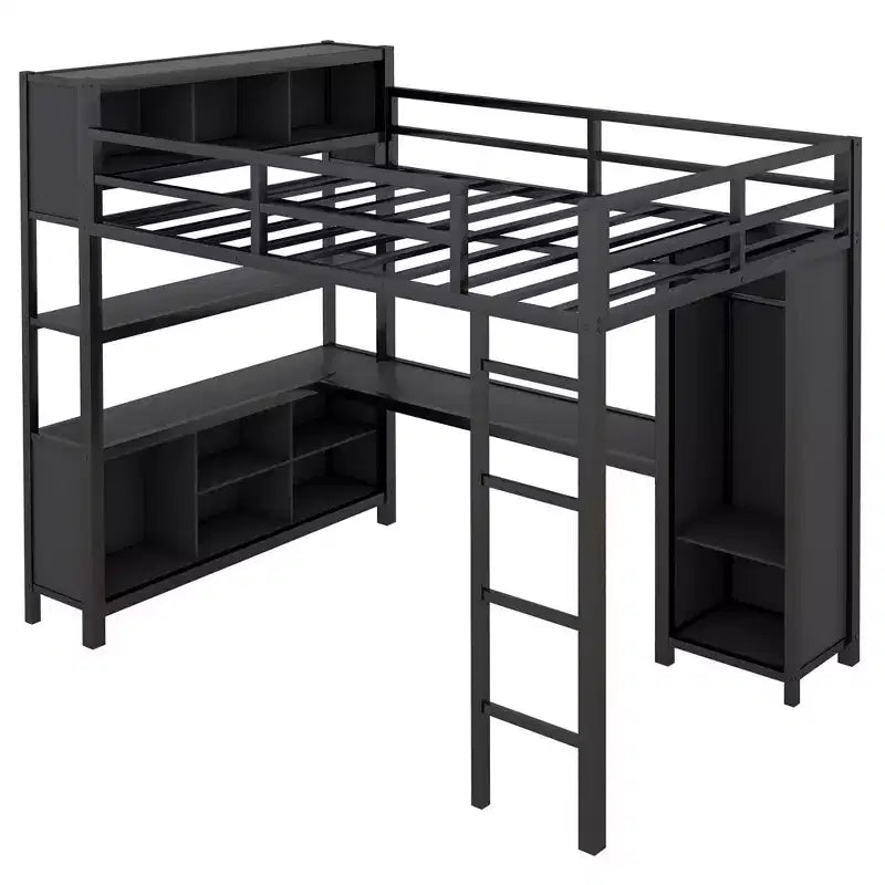 Full Size Loft Bed with Wardrobe & L-Shaped Desk,Heavy Duty Metal Bunk Beds with Storage Shelves,Modern Loft Beds for Teens & Adults
