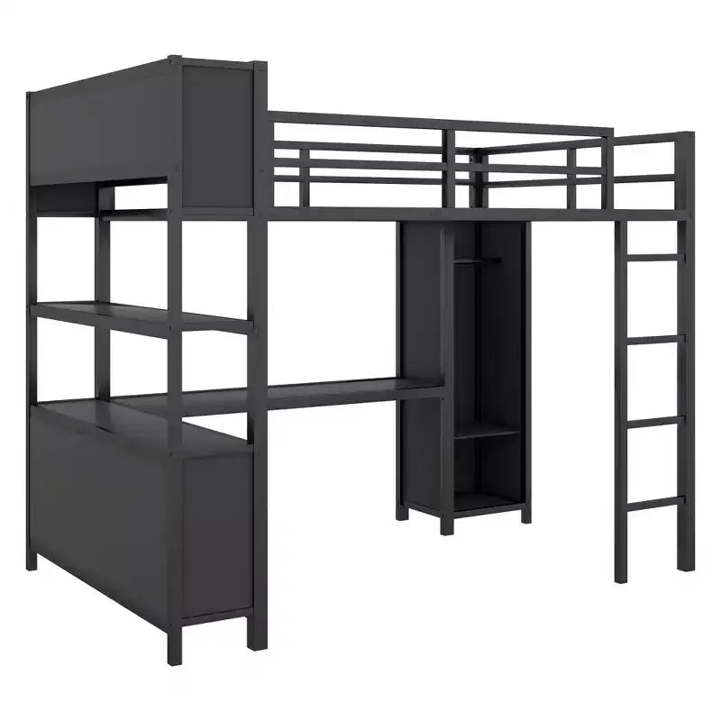 Full Size Loft Bed with Wardrobe & L-Shaped Desk,Heavy Duty Metal Bunk Beds with Storage Shelves,Modern Loft Beds for Teens & Adults