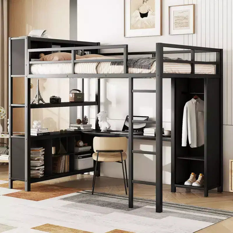 Full Size Loft Bed with Wardrobe & L-Shaped Desk,Heavy Duty Metal Bunk Beds with Storage Shelves,Modern Loft Beds for Teens & Adults