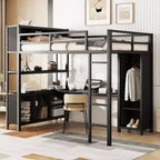 Full Size Loft Bed with Wardrobe & L-Shaped Desk,Heavy Duty Metal Bunk Beds with Storage Shelves,Modern Loft Beds for Teens & Adults