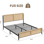 Boho Rattan Bed Frame with Headboard & Footboard, Wooden Slat Support, No Box Spring Needed