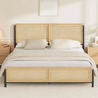 Boho Rattan Bed Frame with Headboard & Footboard, Wooden Slat Support, No Box Spring Needed