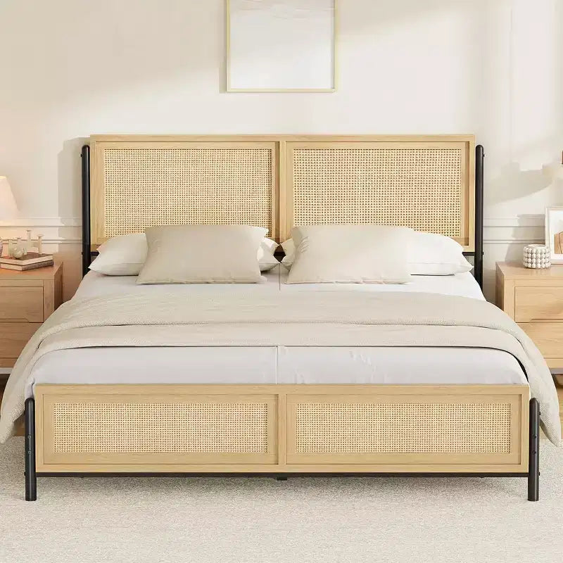 Boho Rattan Bed Frame with Headboard & Footboard, Wooden Slat Support, No Box Spring Needed