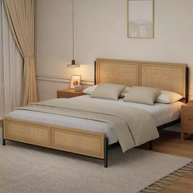 Boho Rattan Bed Frame with Headboard & Footboard, Wooden Slat Support, No Box Spring Needed