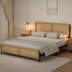Boho Rattan Bed Frame with Headboard & Footboard, Wooden Slat Support, No Box Spring Needed