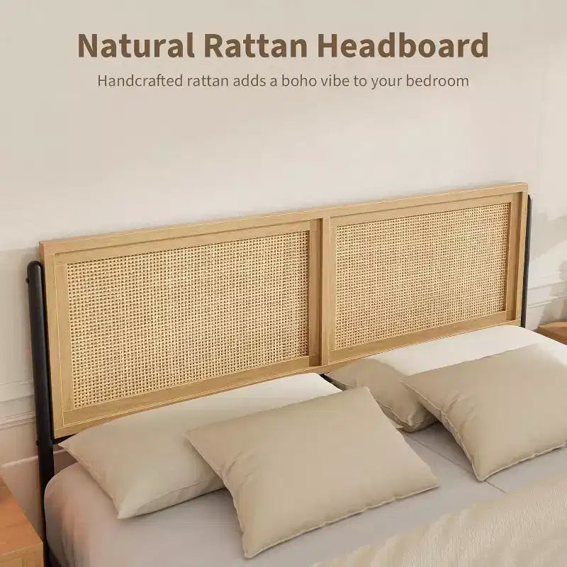 Boho Rattan Bed Frame with Headboard & Footboard, Wooden Slat Support, No Box Spring Needed