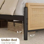 Boho Rattan Bed Frame with Headboard & Footboard, Wooden Slat Support, No Box Spring Needed