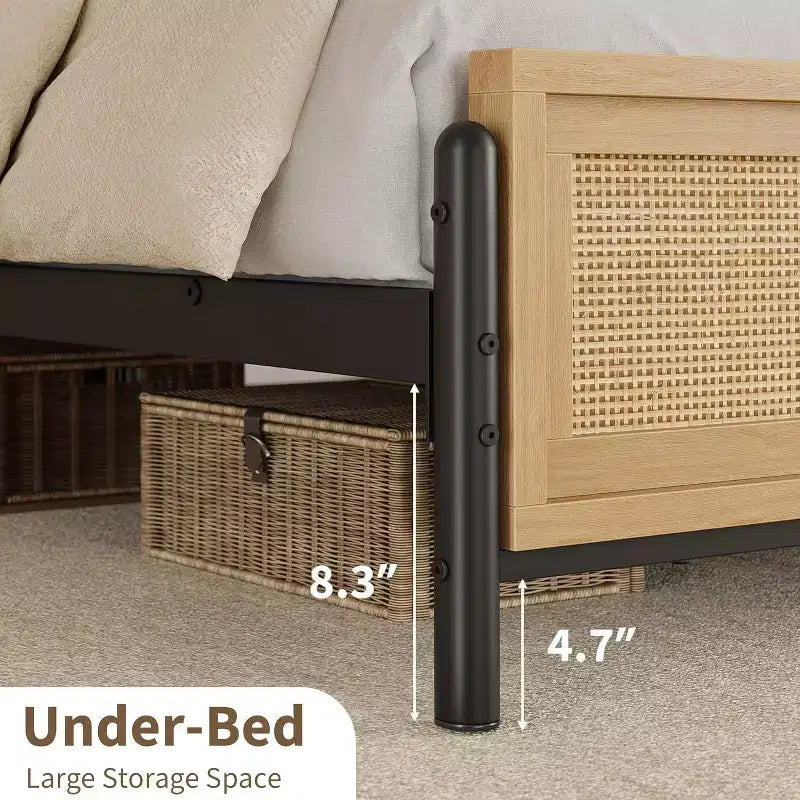 Boho Rattan Bed Frame with Headboard & Footboard, Wooden Slat Support, No Box Spring Needed