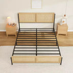Boho Rattan Bed Frame with Headboard & Footboard, Wooden Slat Support, No Box Spring Needed