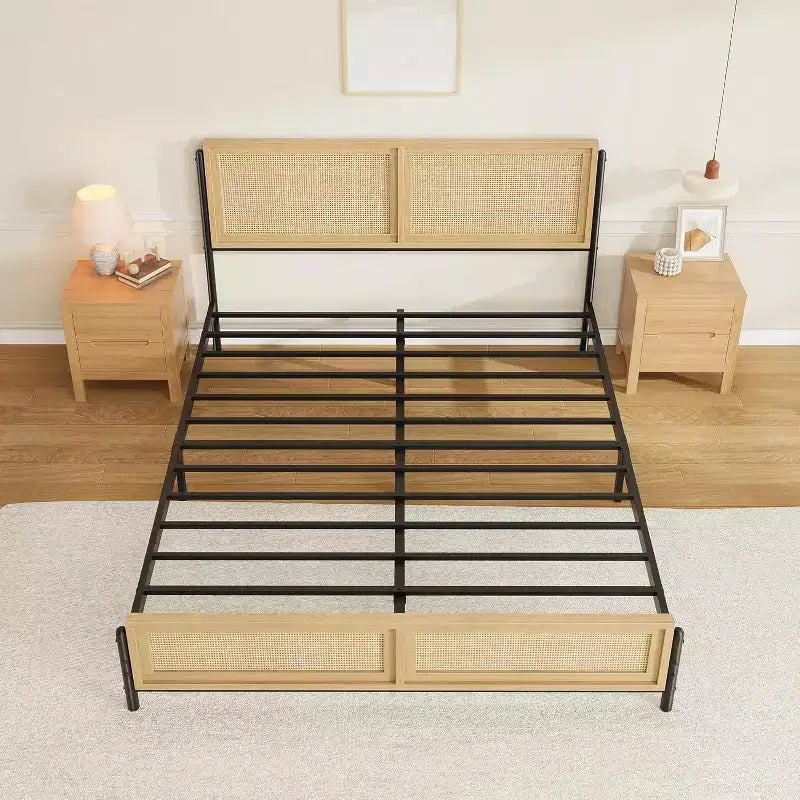 Boho Rattan Bed Frame with Headboard & Footboard, Wooden Slat Support, No Box Spring Needed