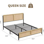 Boho Rattan Bed Frame with Headboard & Footboard, Wooden Slat Support, No Box Spring Needed