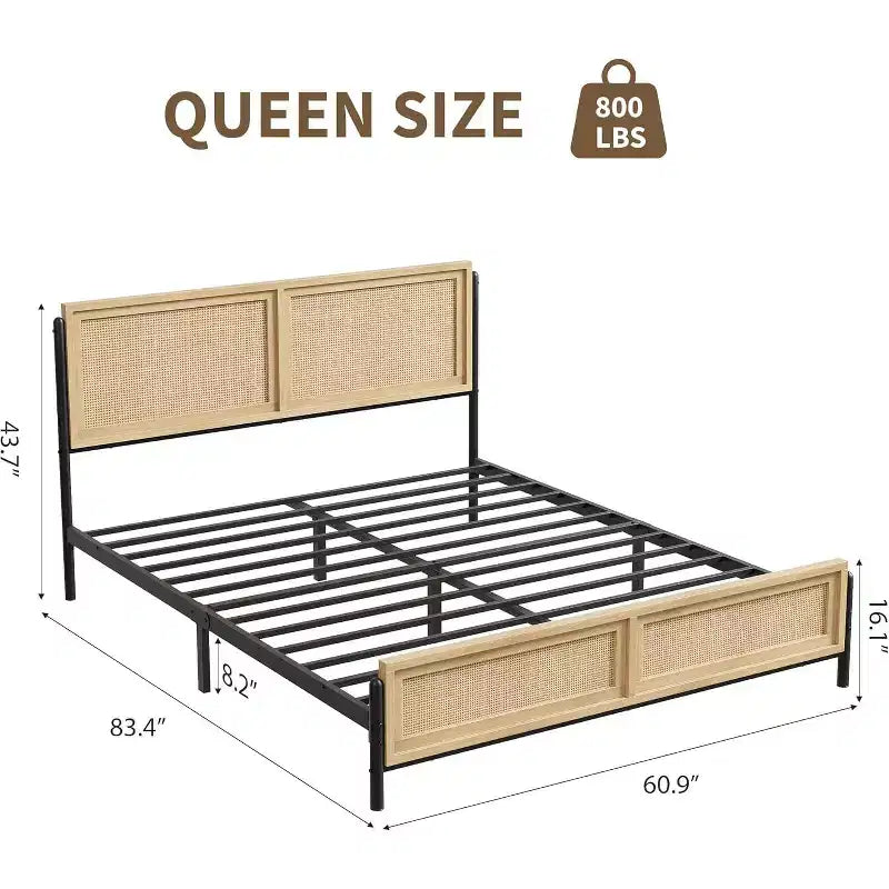 Boho Rattan Bed Frame with Headboard & Footboard, Wooden Slat Support, No Box Spring Needed