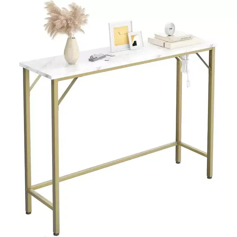 39.4 Modern Console Table with Built-in Charging Station, Slim Top & Metal Legs, Entryway, Hallway & Behind Sofa Table for Living Room, Apartment
