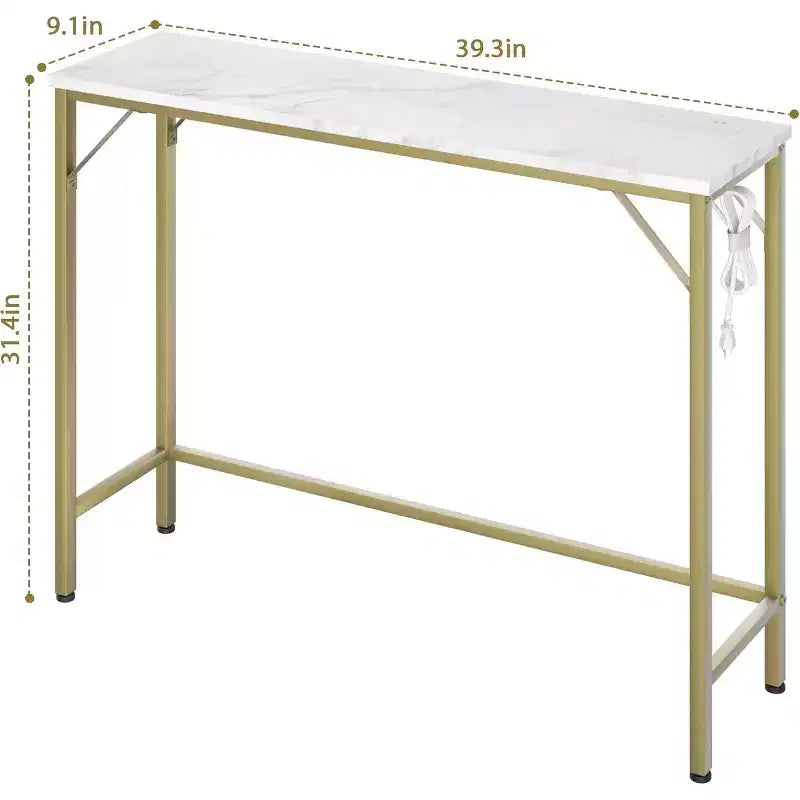 39.4 Modern Console Table with Built-in Charging Station, Slim Top & Metal Legs, Entryway, Hallway & Behind Sofa Table for Living Room, Apartment