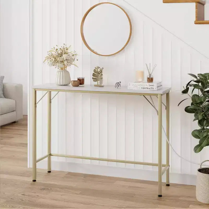 39.4 Modern Console Table with Built-in Charging Station, Slim Top & Metal Legs, Entryway, Hallway & Behind Sofa Table for Living Room, Apartment
