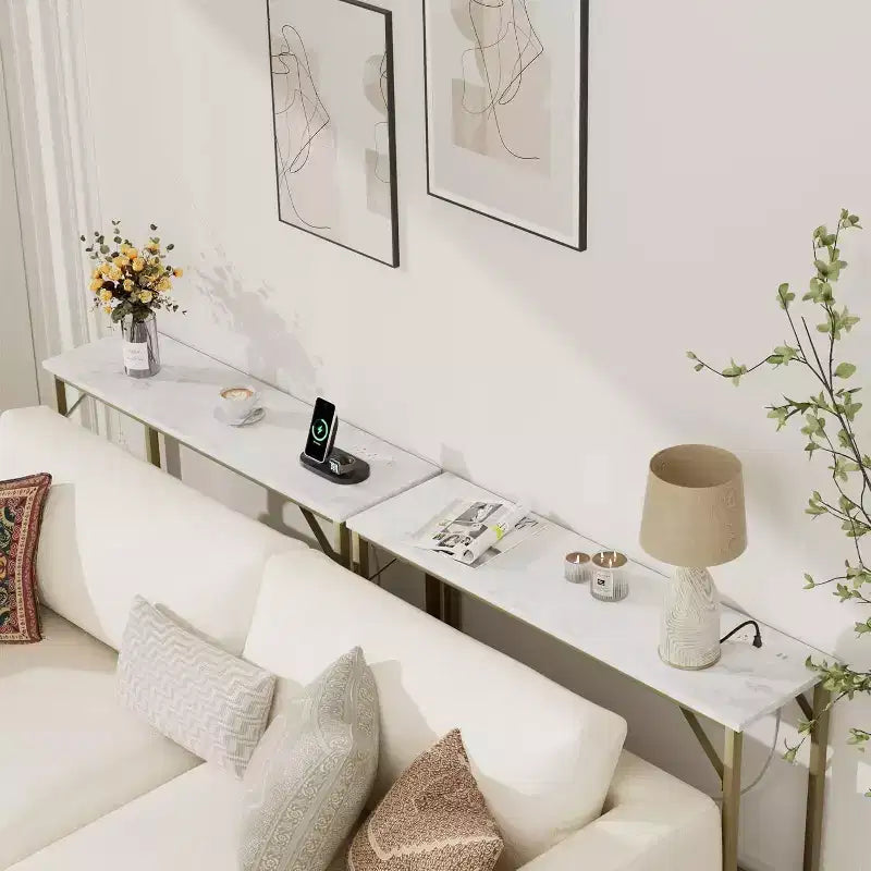 39.4 Modern Console Table with Built-in Charging Station, Slim Top & Metal Legs, Entryway, Hallway & Behind Sofa Table for Living Room, Apartment