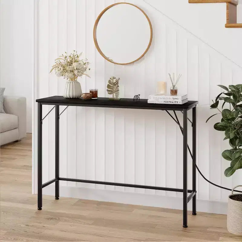 39.4 Modern Console Table with Built-in Charging Station, Slim Top & Metal Legs, Entryway, Hallway & Behind Sofa Table for Living Room, Apartment
