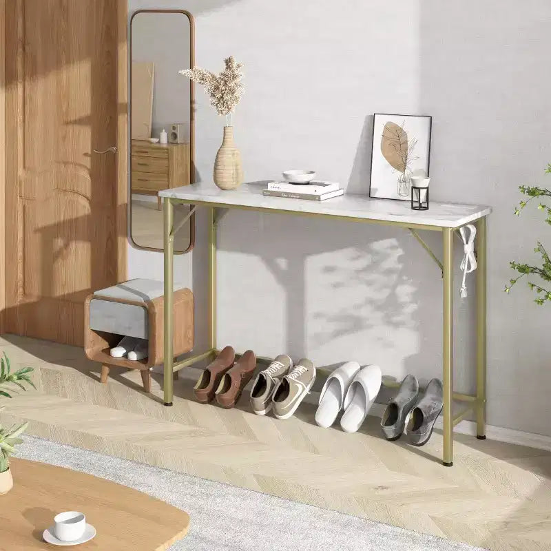 39.4 Modern Console Table with Built-in Charging Station, Slim Top & Metal Legs, Entryway, Hallway & Behind Sofa Table for Living Room, Apartment