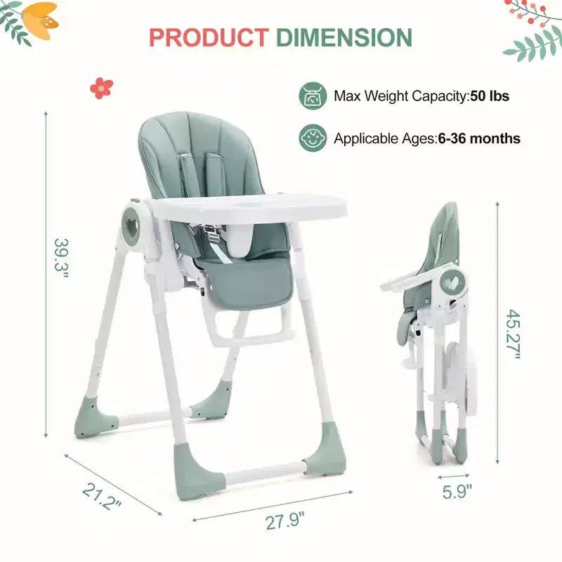 Foldable Baby High Chair with Adjustable Height, 5 Recline Positions & Removable Double Tray - Easy Clean, Space-Saving Infant Highchair for Toddlers