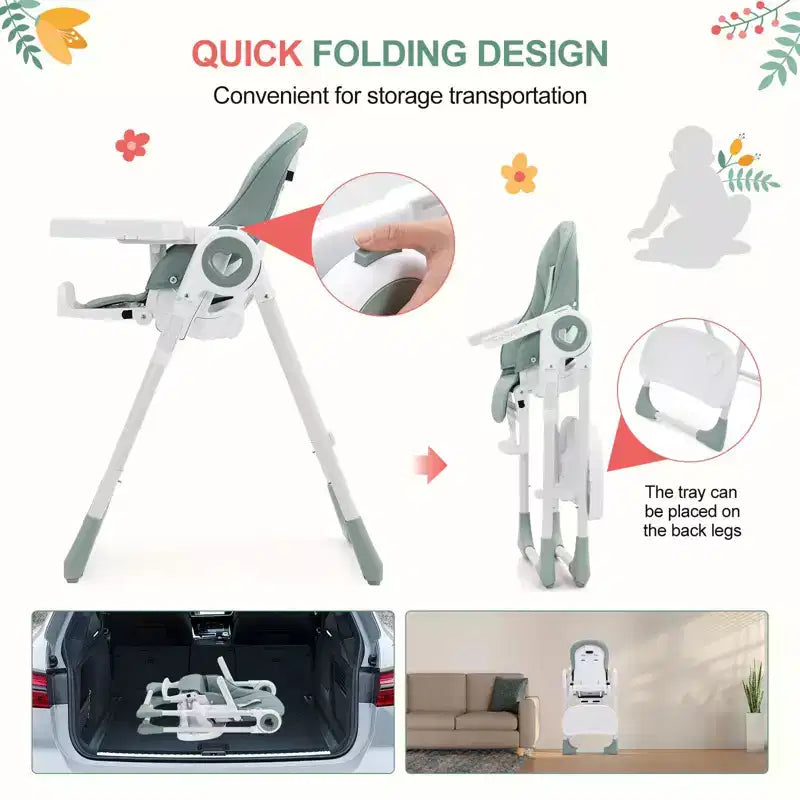 Foldable Baby High Chair with Adjustable Height, 5 Recline Positions & Removable Double Tray - Easy Clean, Space-Saving Infant Highchair for Toddlers