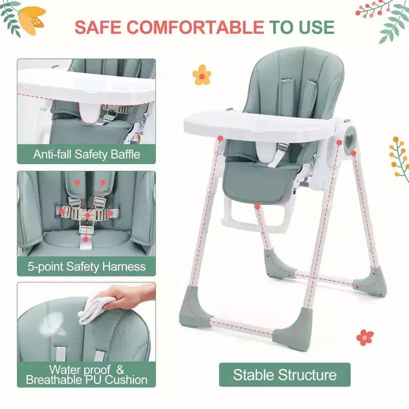 Foldable Baby High Chair with Adjustable Height, 5 Recline Positions & Removable Double Tray - Easy Clean, Space-Saving Infant Highchair for Toddlers