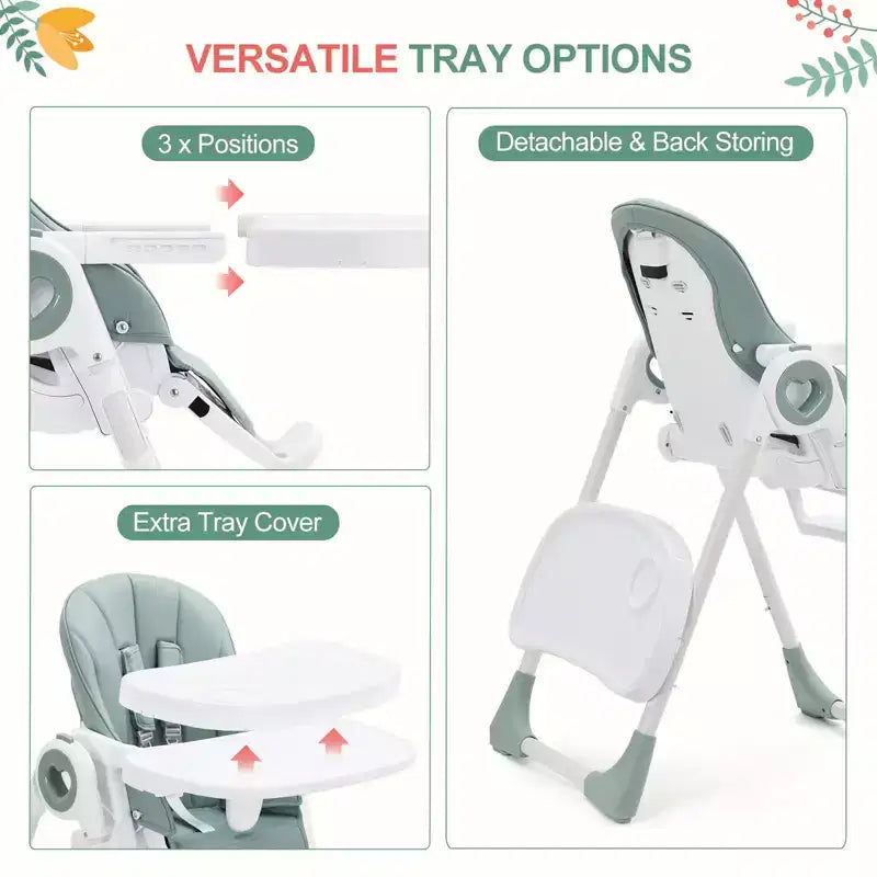Foldable Baby High Chair with Adjustable Height, 5 Recline Positions & Removable Double Tray - Easy Clean, Space-Saving Infant Highchair for Toddlers