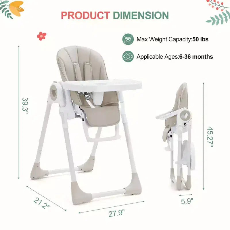 Foldable Baby High Chair with Adjustable Height, 5 Recline Positions & Removable Double Tray - Easy Clean, Space-Saving Infant Highchair for Toddlers